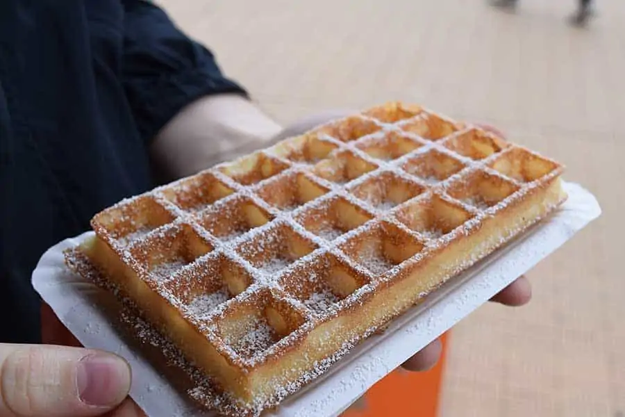 Brussels waffle with a dusting of powdered sugar