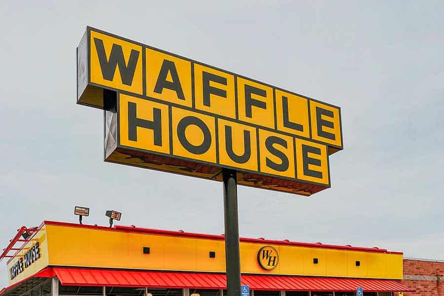 Waffle House sign about a restaurantterior