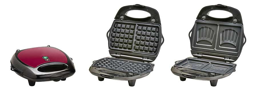 Waffle-maker-with-interchangeable-waffle-and-sandwich-grill-plates