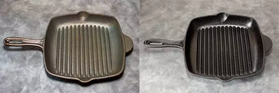Before and after seasoning of a cast iron grill pan