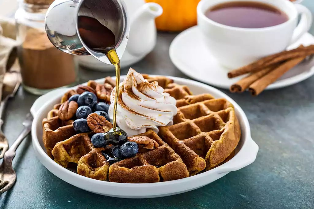 Cinnamon waffles with blueberry and cream toppings on a plate